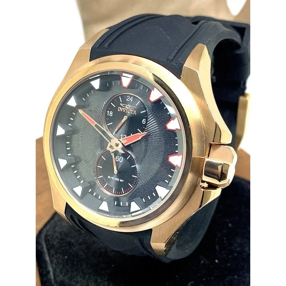 Invicta Men's Watch 38015 S1 Rally Quartz Black Dial Rose Gold Rubber Band 47mm